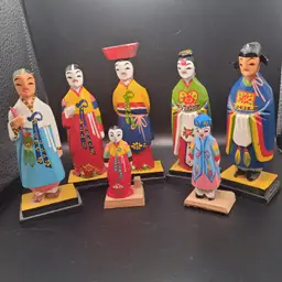 Set of 7 Korean Hand Carved & Painted Wood Folk Art Figurines
