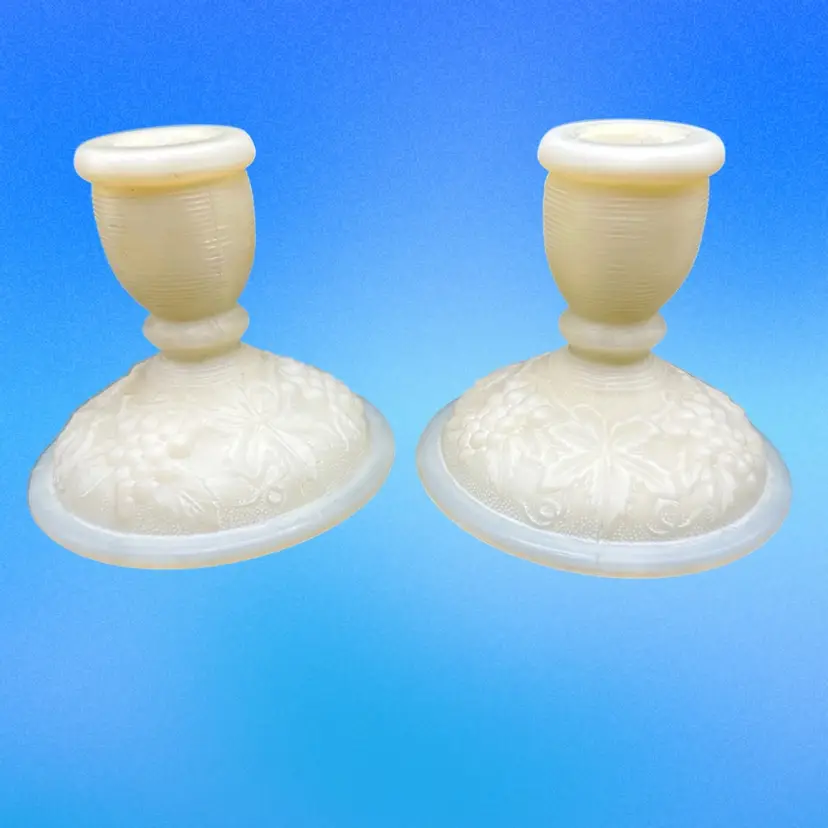 (2) Vintage Imperial glass custard glass candle stick holders. Grapes And Vines. Original Imperial Tag.