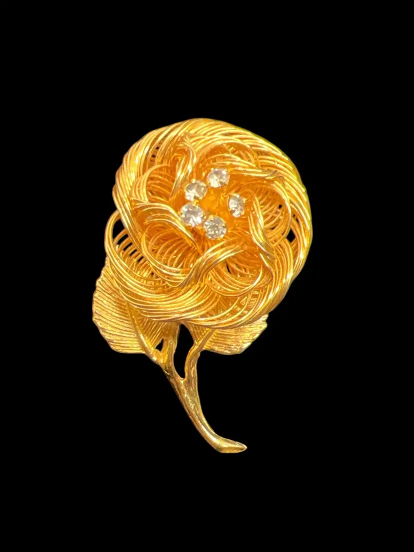 Vintage Gold Tone Spun Wire Pale Aquamarine Rhinestone Brooch Flower #C-8