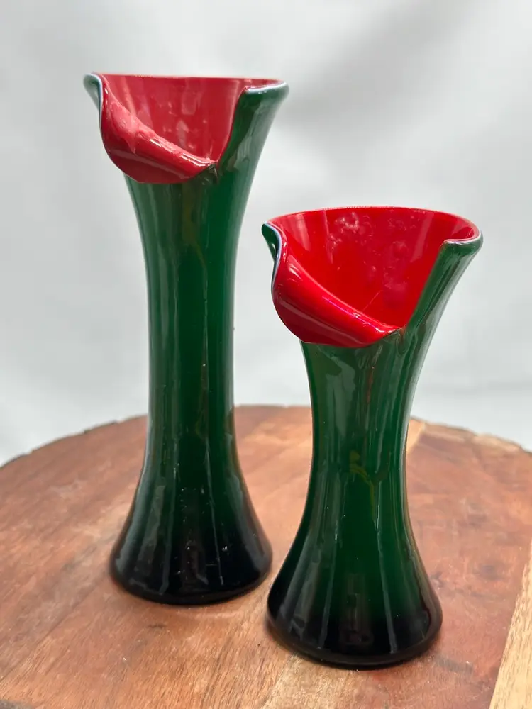 Blown Glass Red Green Cased Jack In The Pulpit Style Vase Candle Holder Pair