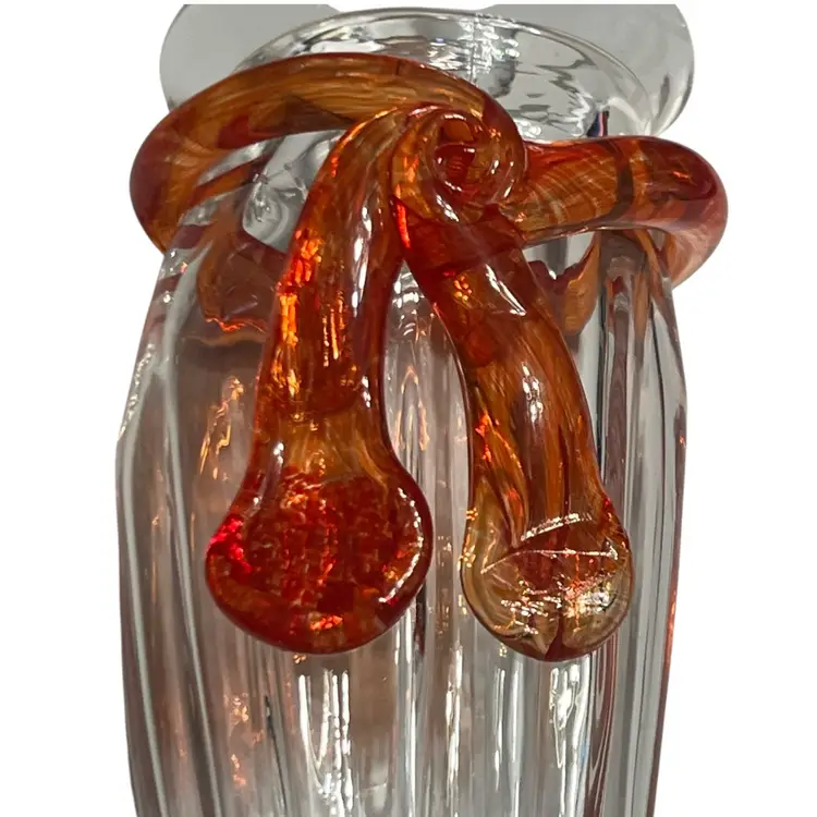 003 hand blown clear, glass, reddish orange applied bow wall pocket 8" x 3 1/4" x 2.5"