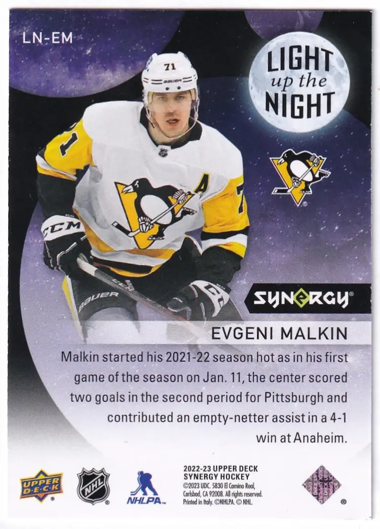 2022-23 Synergy Light Up The Night #LNEM Evgeni Malkin Pittsburgh Penguins Hockey Card