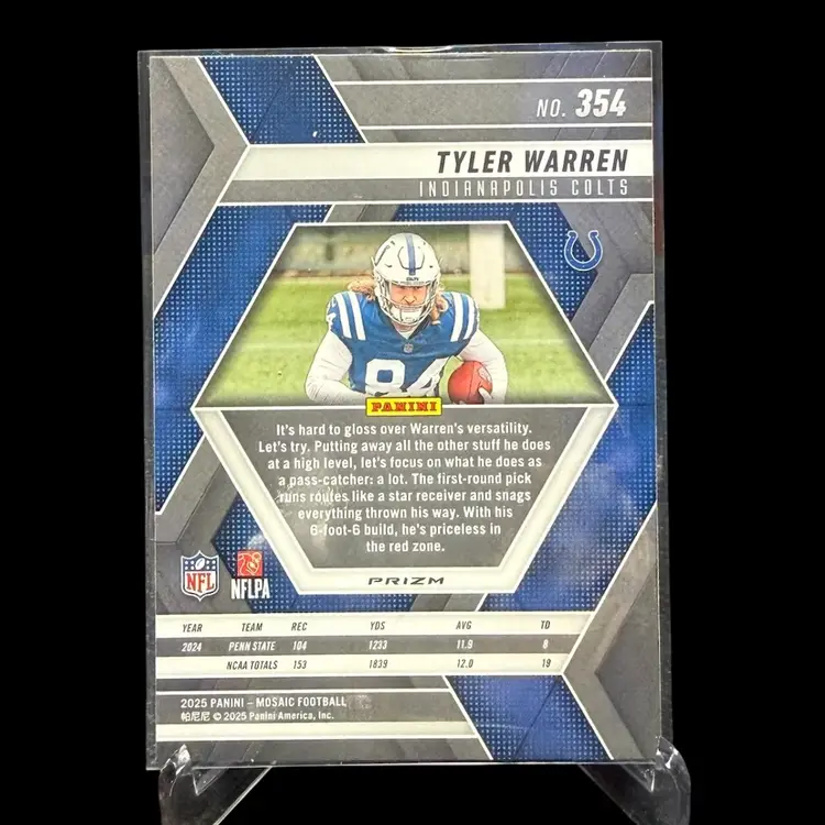 Tyler Warren 2025 Panini Mosaic RC #354 Red White Blue Prizm Indianapolis Colts