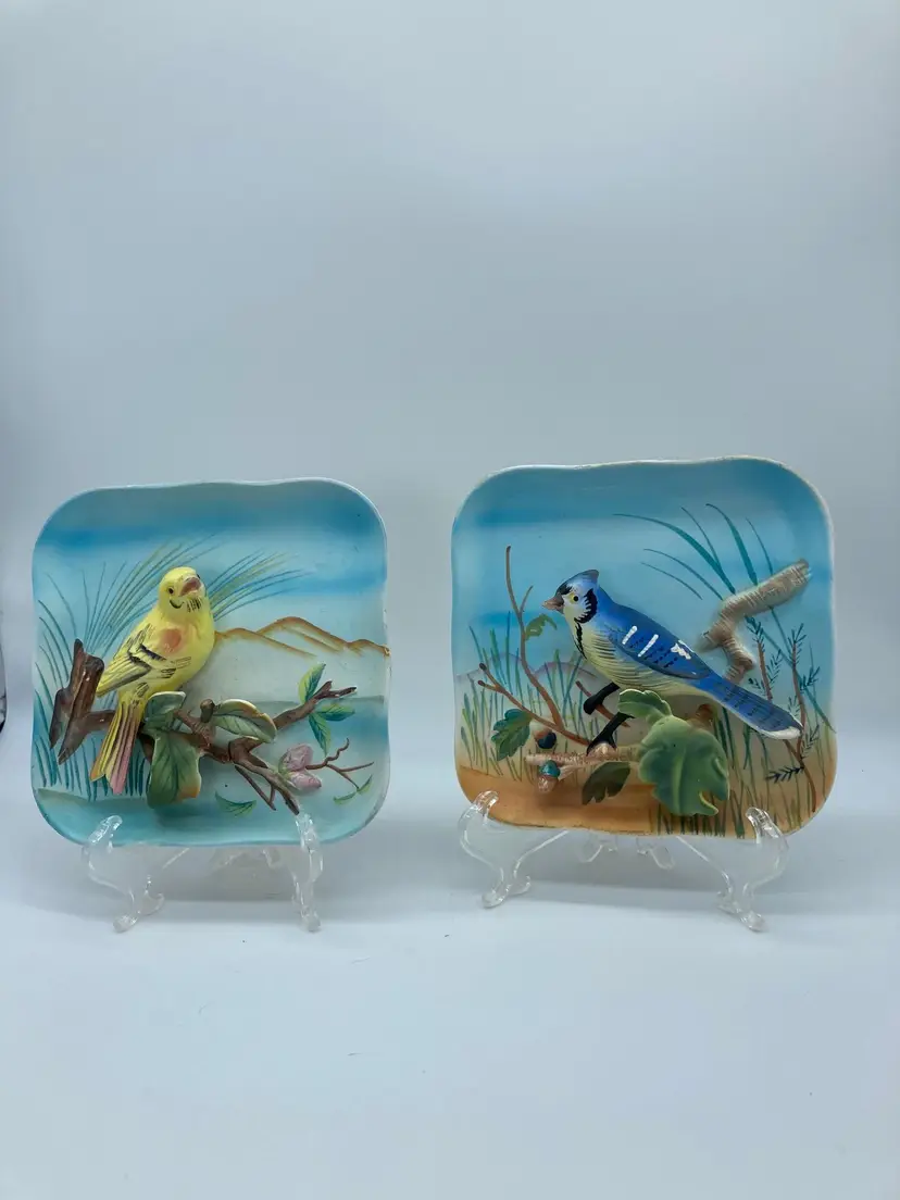 Vintage NAPCO Ceramic 3D Blue Jay B2791 Wall Plaque Blue Bird ,  AND
B1770 Bird Plate Canary Yellow Decorative Colorful Collection