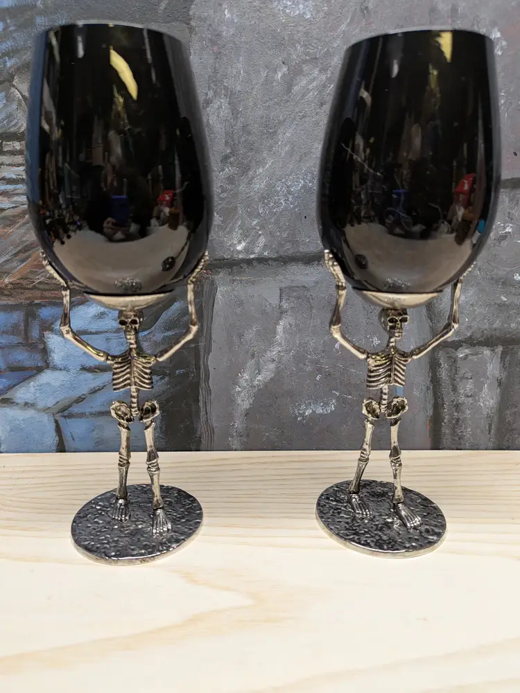Halloween 2 Skeleton Wine Glass Black Silver Metal Stand DEAD Man Walking Gift Gothic Castlecore