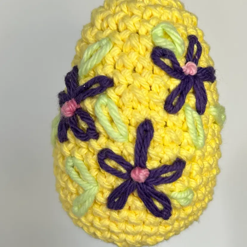 Crochet- Yellow Egg w/Purple Flowers - Crochet Easter Eggs with Embroidered Flowers
