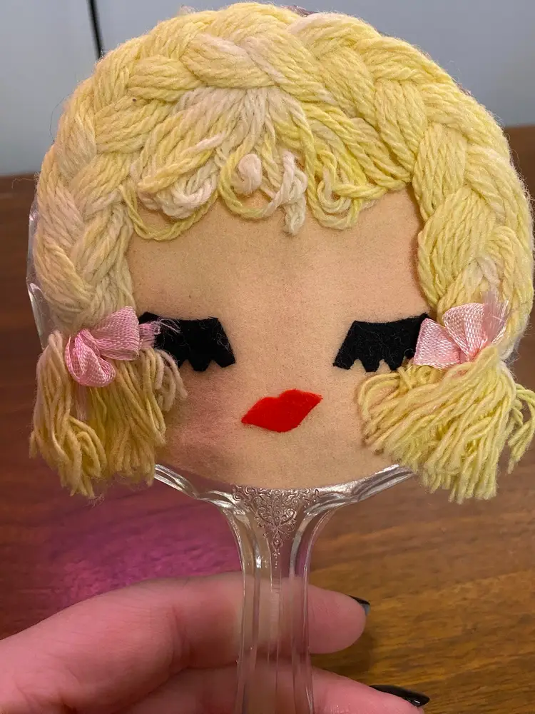 Adorable Kitschy Hand Mirror Felt Face Braided Yarn Hair Vanity