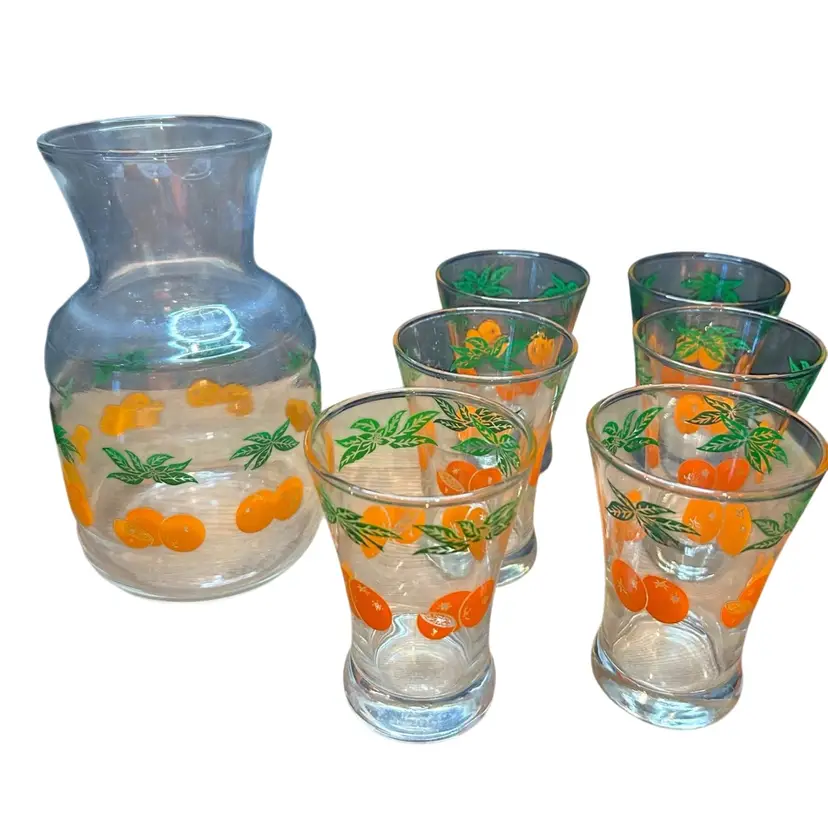 #01 Set Of 7 Orange Juice Carafe And 6 Glasses 1950’s