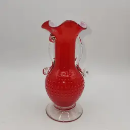 Red Vintage Vase Hand Blown Cased Glass HOBNAIL w Handles Ruffled Rim 6" Tall