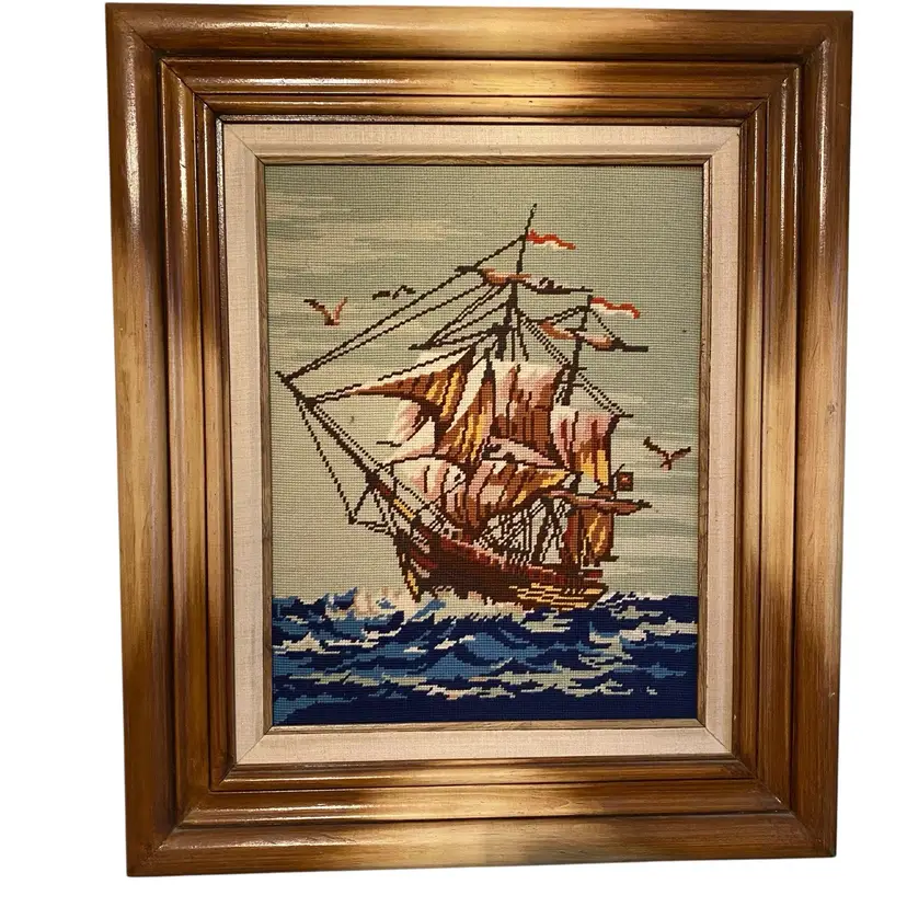 Vintage Sailboat needlepoint, framed Old Man and the Sea, handmade vintage needlepoint, nautical decor beach house decor vintage wall decor
