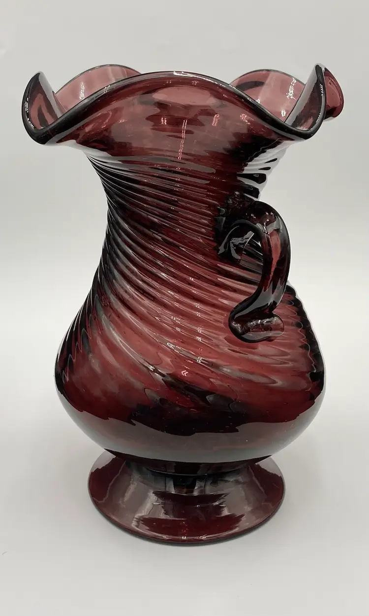 Vintage 1940s Avalos Glass (Mexico) Vase, Hand-Blown, Swirled & Ruffled, MINT