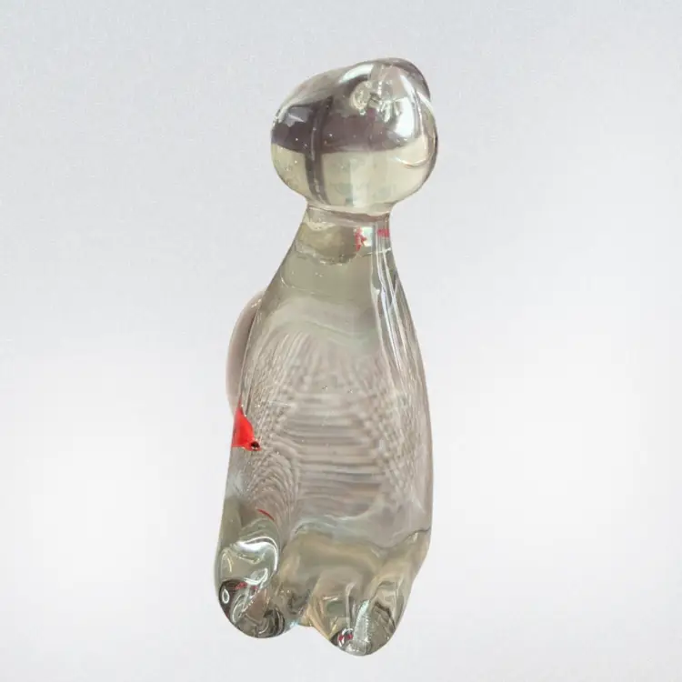 Glass Cat Paperweight With Two Fish In Belly