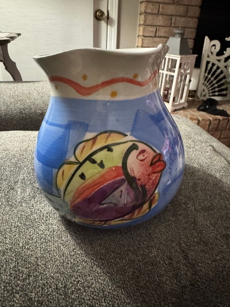 Vintage Hand-Painted Italian Ceramic Pitcher With Colorful Fish Design