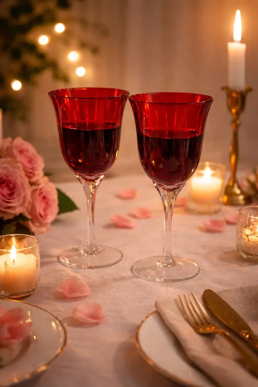 Pair Of Hand-Blown Red Bowl Glass Goblets :Clear Petal Stem, 7" Tall