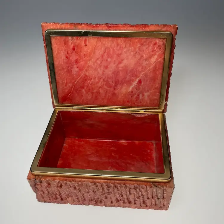 Italian Red Alabaster Stone Hinged Trinket Jewelry Box Midcentury Vintage Italy READ