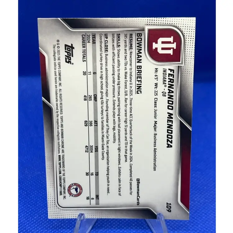 Fernando Mendoza 2025 Bowman Chrome U Yellow Refractor #137/350 Indiana Hoosiers