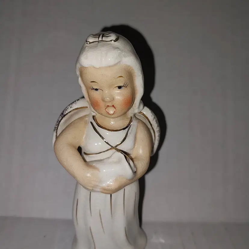 VINTAGE SINGING ANGEL W Bird FIGURINE White Gold, Made in Japan