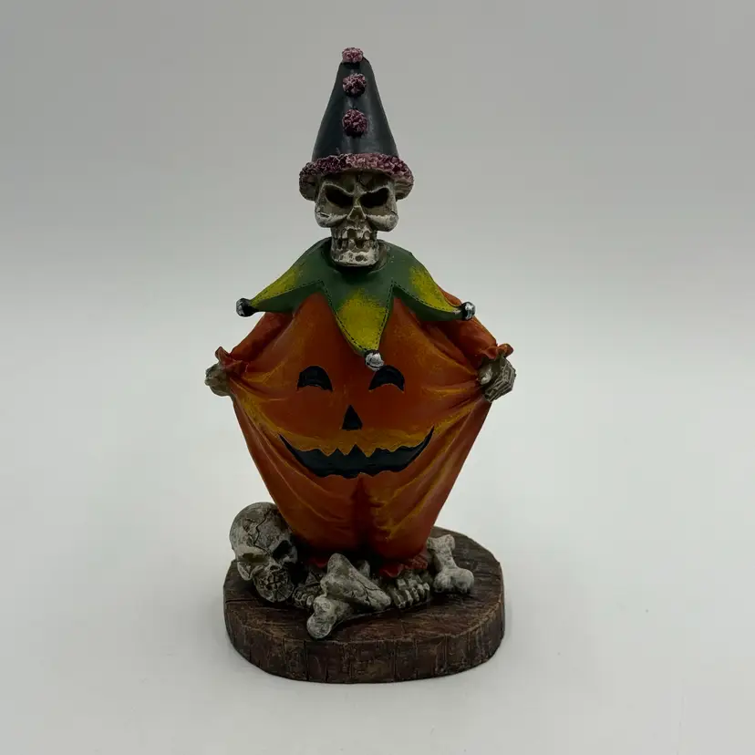 Halloween Folk Art Decor Resin Skeleton Dressed As Pumpkin Circus Clown Figurine