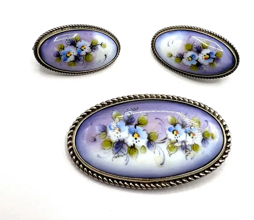 Vintage Blue Guilloche Brooch Earrings, Russian Finift, Purple Rose Enamel, Silver Filigree Edge, C clasp Vintage Pin