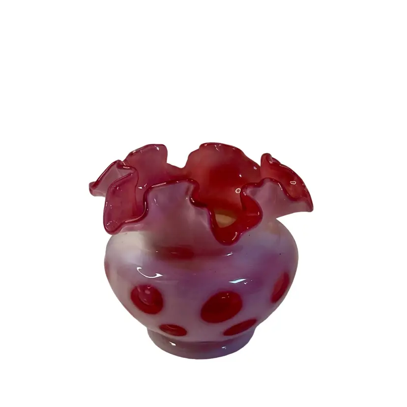 Fenton Vase Cranberry Coin Dot Double Crimped Ruffle Edge 3-3/4” T x 4-1/4” W