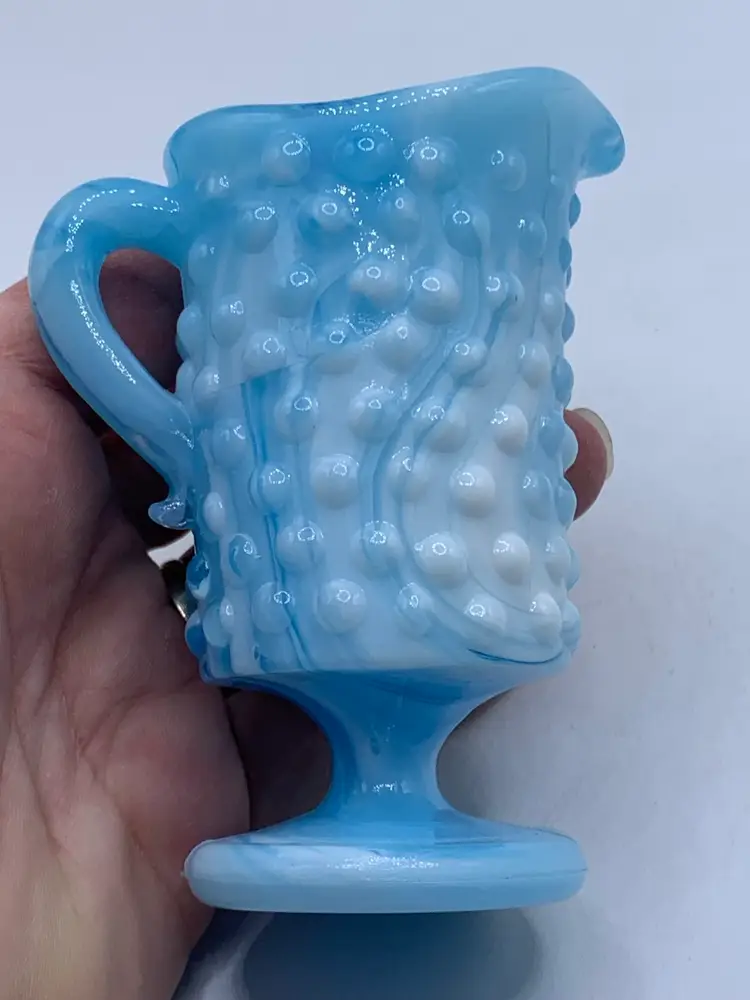 Kanawha Glass 3.5" Hobnail Cream Syrup Pitcher Blue White Slag Glass - Vintage