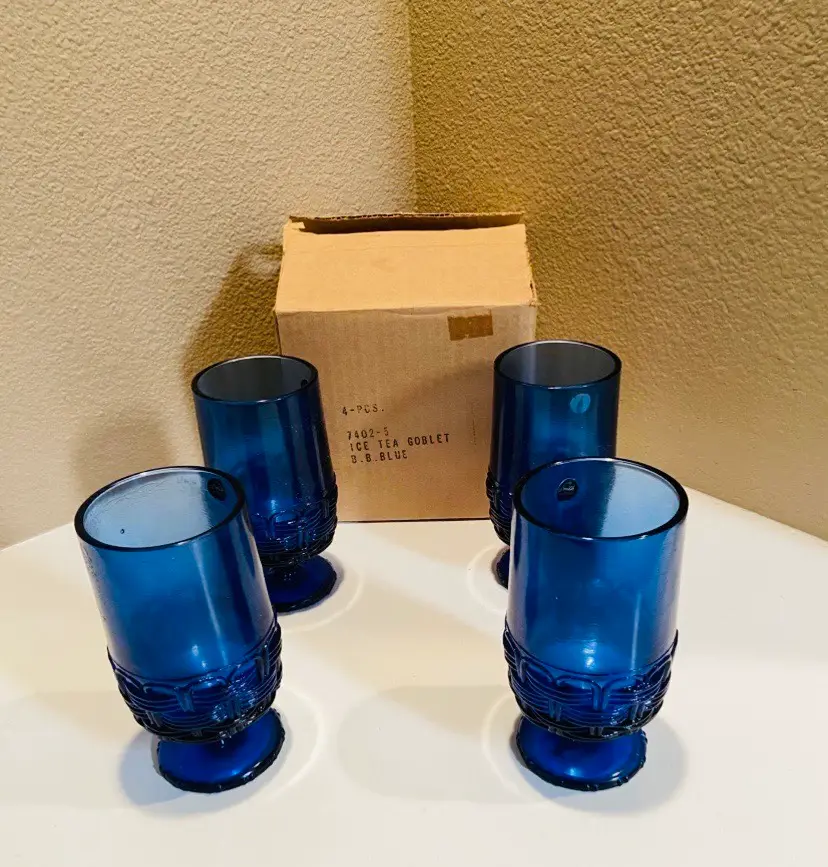 Vintage Blue LE Smith Basket Weave Ice Tea Goblets Mid Century Modern Retro CottageCore Farmhouse