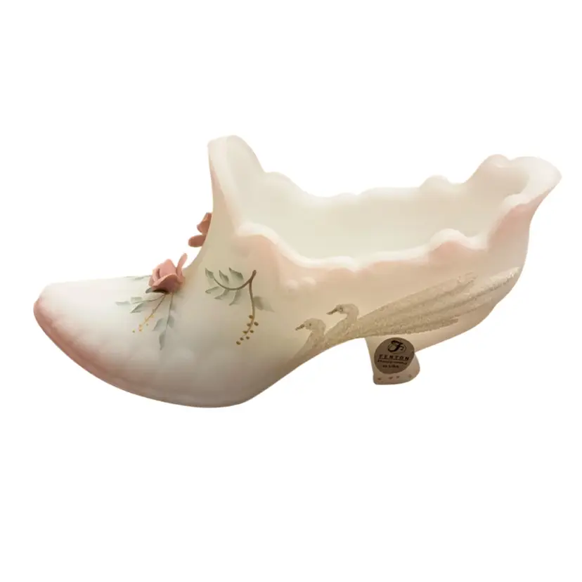 Fenton Opal Satin Milk Glass Vintage Victorian Shoe HP By S. Wajda 3.5” X 7”