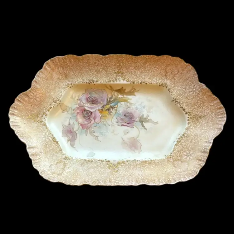 Antique Doulton Burslem England Hand Painted & Signed Pink & Gold Floral Plate circa 1888, 12”x 8”
