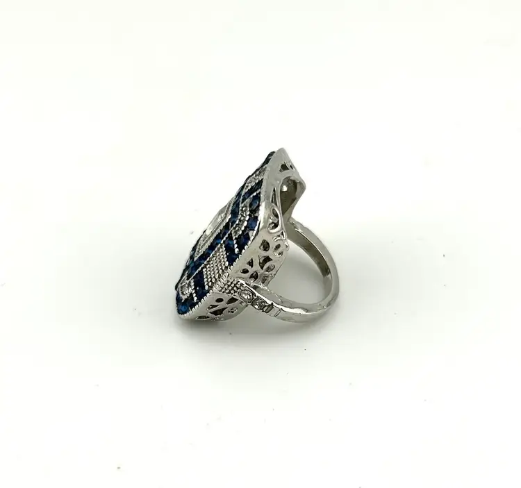 Silver Tone Art Deco Style Blue And Clear Crystal Ring Size 7.25