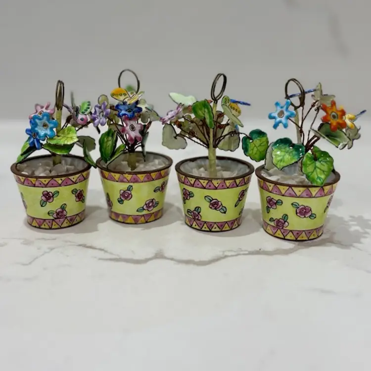 Vintage Empress Arts Ltd Set Of 4 Miniature Floral And Butterfly Bouquet Enamel Card Or Photo Holders Yellow