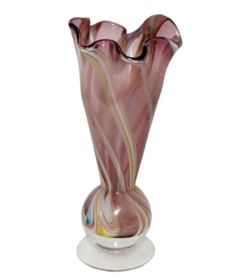 Vintage Hand Blown Glass Colorful Purple Swirled Flared Vase 7.5" Tall