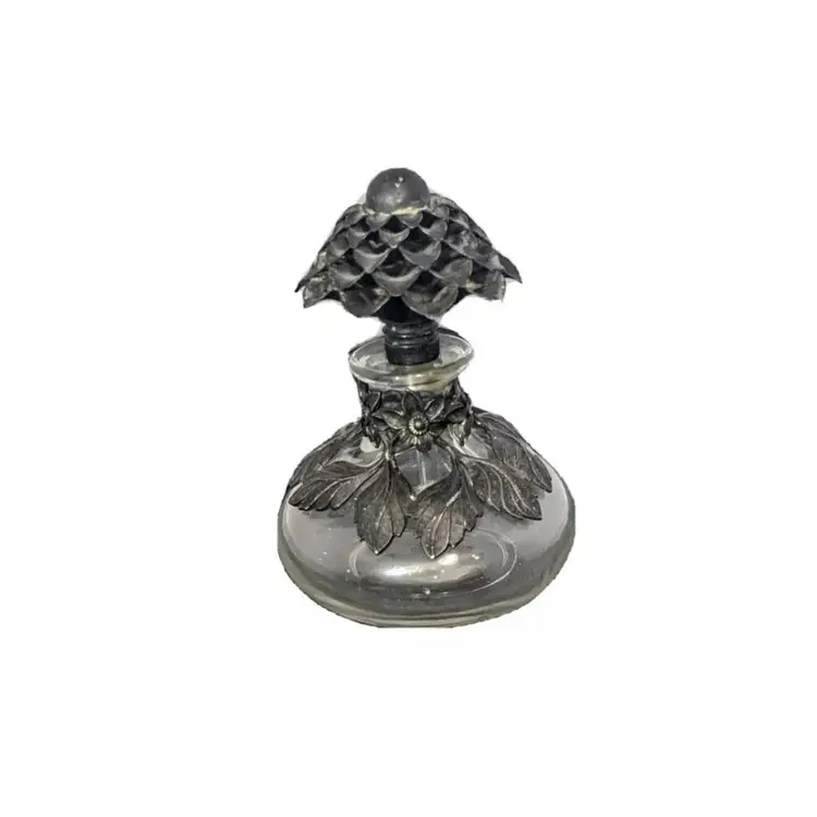 Vtg Perfume Vanity Bottle Glass Dauber Ormolu Ornate Metal Overlay Daisy Leaves