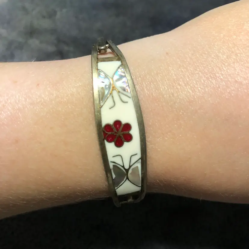 Vintage Alpaca Mexico Abalone Shell Inlay Butterfly Silver-Tone Bangle Bracelet