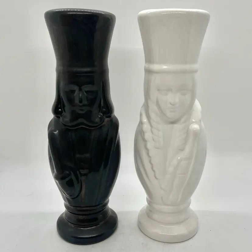 Vintage MCM Hobbyist Pottery Chess Piece Vases 8” King Queen Black White