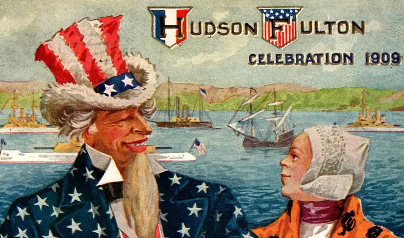 Uncle Sam Postcard Hudson Fulton Celebration 1909 Ships Boats Bernhard Wall