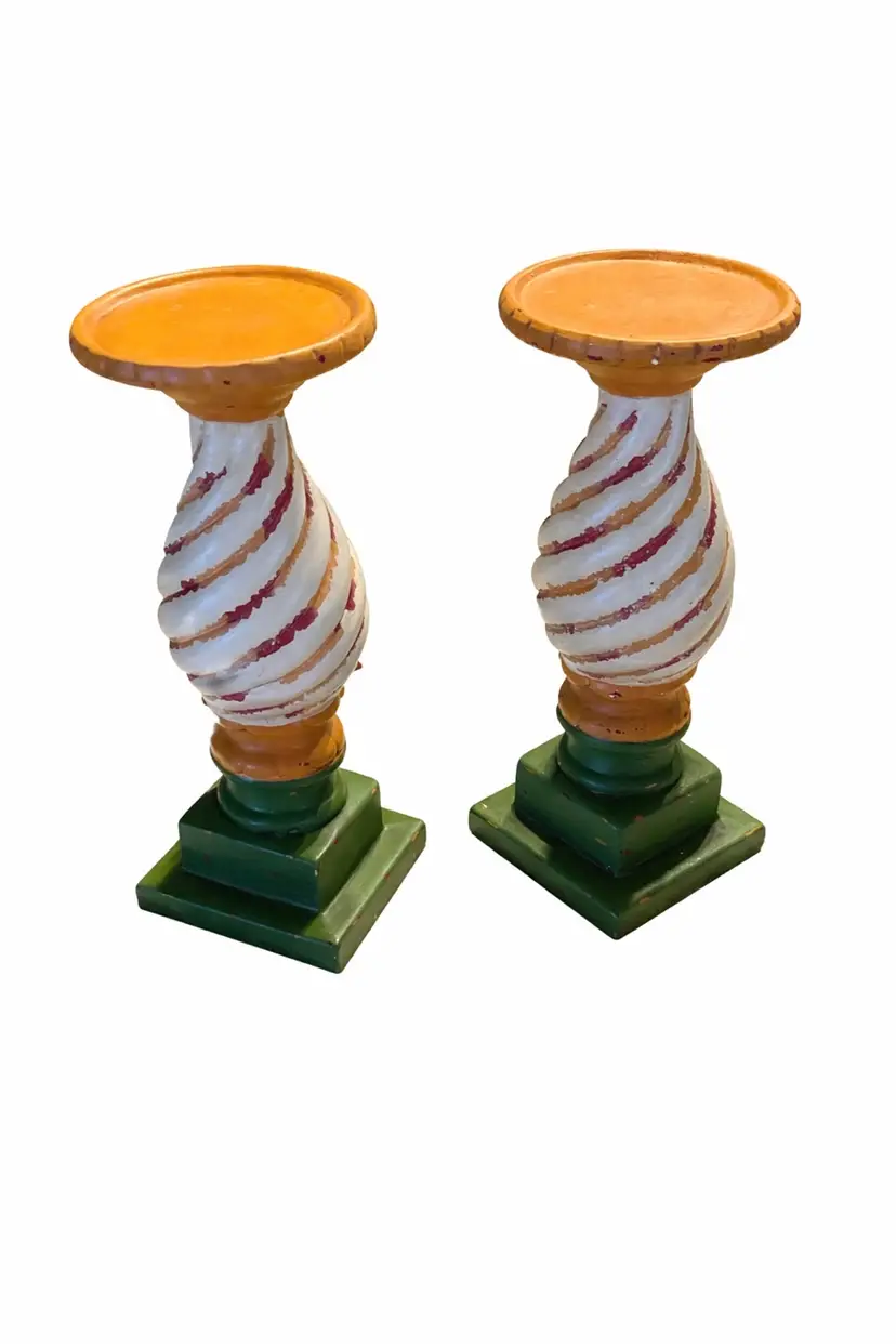 Southern Living At Home Spiral Candlesticks Pair | Hand Painted Wood Candle Holders | 12” Rustic Cottage Decor