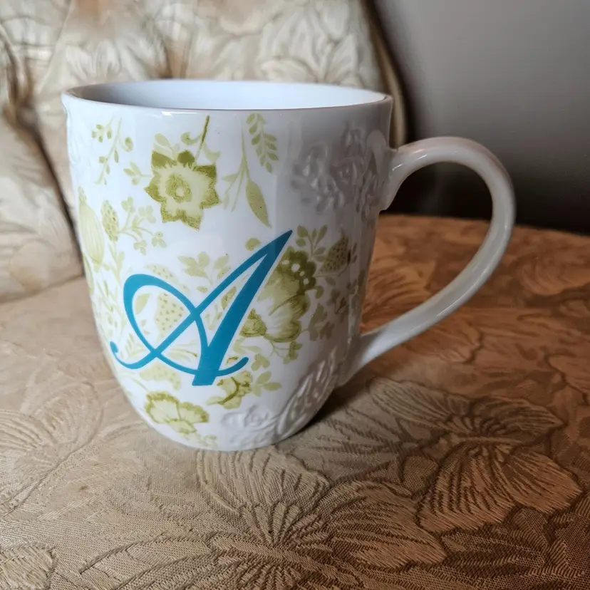 Pier 1 Coffee Mug Initial Letter Monogram "A" Porcelain Embossed Floral Ava