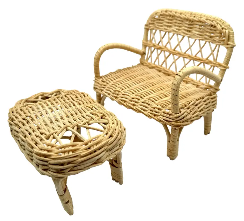 Vintage Miniature Rattan Wicker Dollhouse Furniture Set Bench Chair Low Table