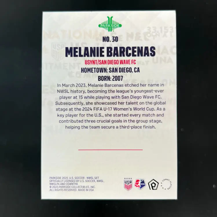 Melanie Barcenas 2025 Parkside Club & Country Red /10 USWNT San Diego Wave Soccer Card