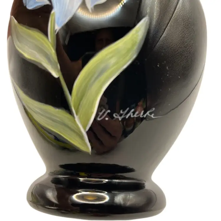 Fenton Black Glass Vase Blue Lily Hand Painted 1990 Signed V. Gherke 6.5” X 4”