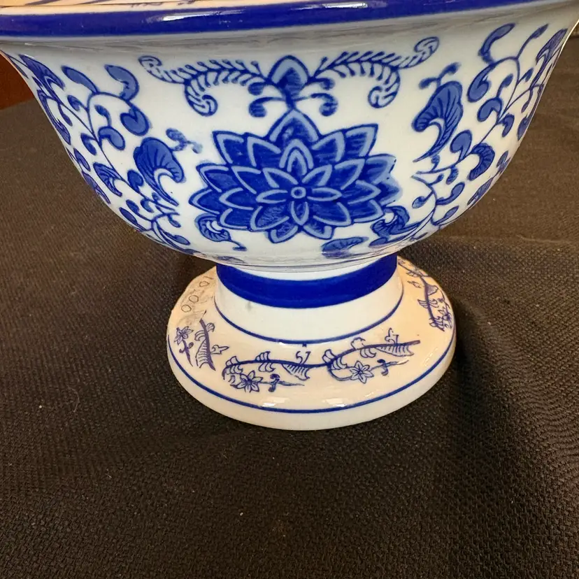 Vintage Blue and White Floral Ceramic Pedestal Compote Bowl