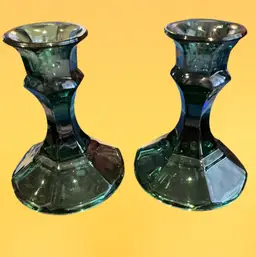 Vintage Indiana Glass Candlestick Holders Green Set Of 2