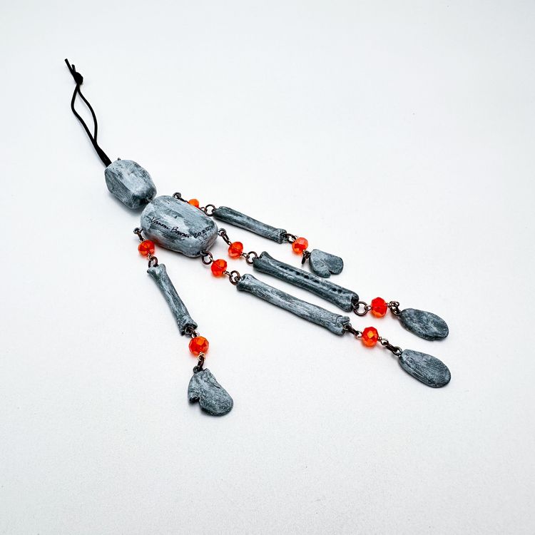 Articulated Skeleton Ornament Handmade Round Orange Beaded Air Dry Clay Signed 7"L