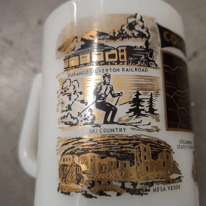 Vintage Colorado Souvenir Federal Milk Glass Mug Scenic Illustrations State Map