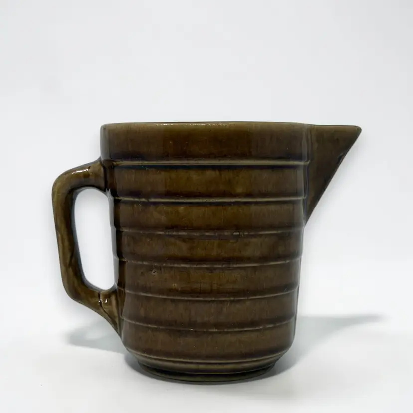 Brown Ribbed Stoneware Batter Pitcher | Bauer Ringware 1940s Farmhouse  (0054-26)
