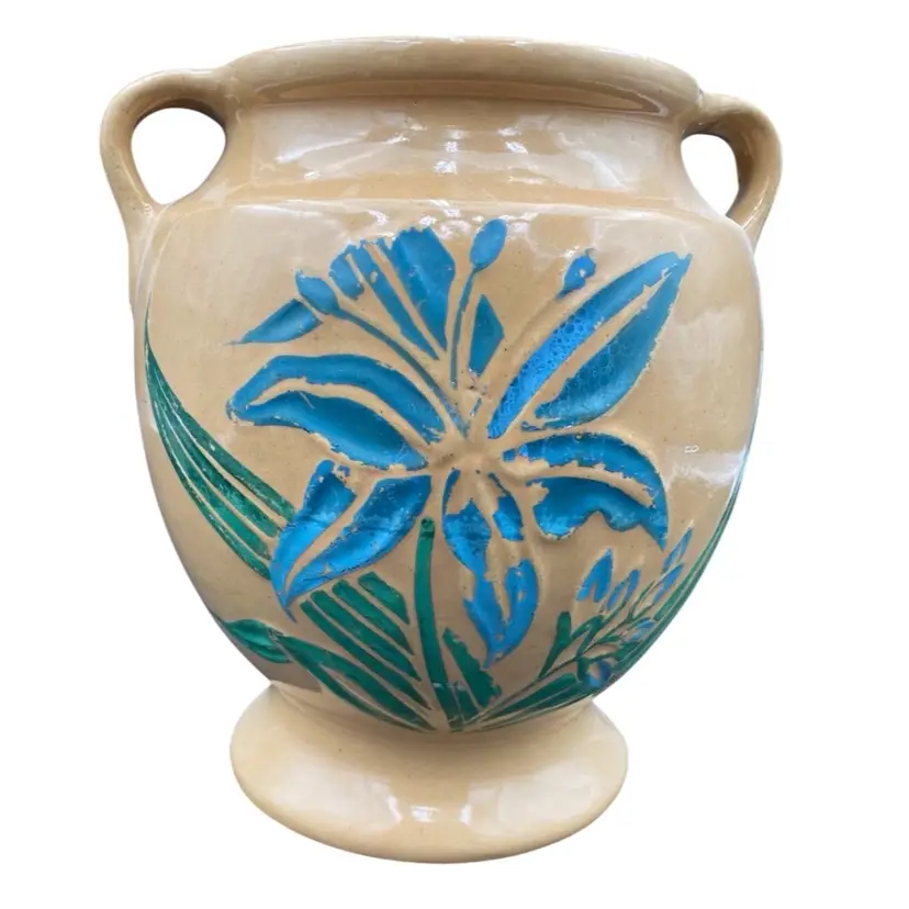 Vintage/MCM USA (Hull?) Pottery, Glazed Urn-Shaped Vase/Planter, Blue & Green Floral