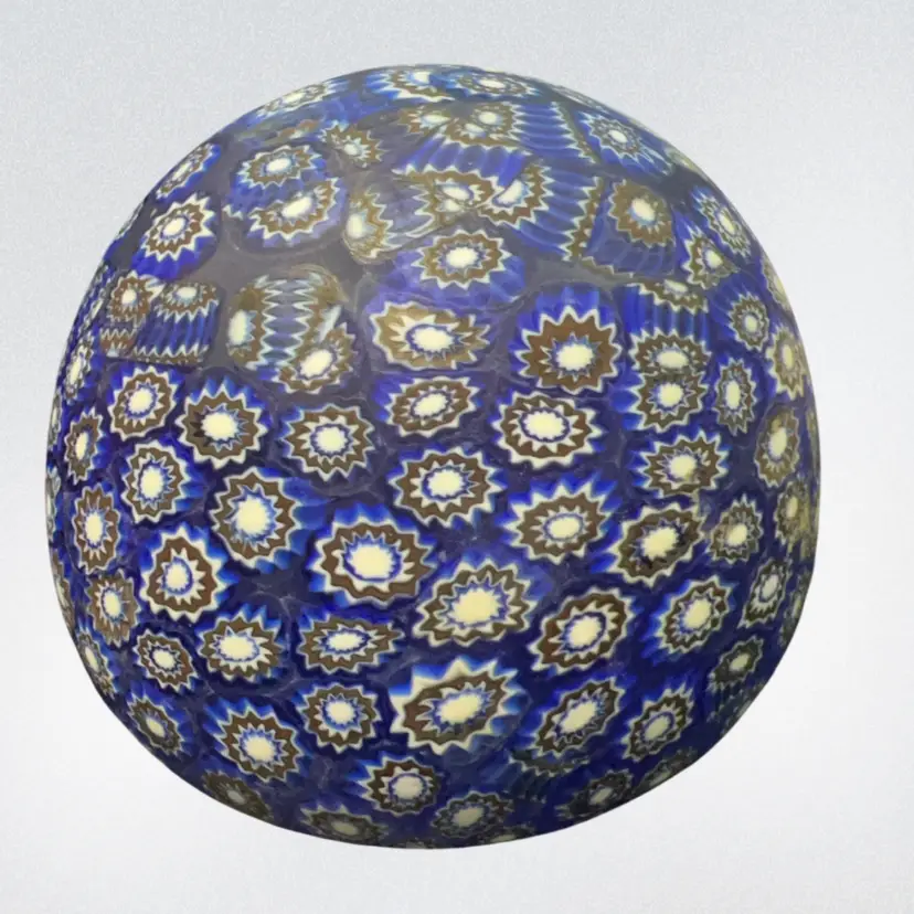 Vintage Buscella Cristali Murano glass millefiori Matte paperweight with intricate floral patterns.made In Effetre, Murano, Italy.blue