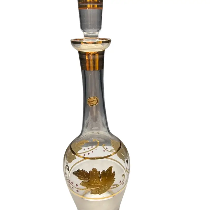 Vintage Bohemian Czech Crystal Decanter Mid Century Frosted Gold Leaf W/Stopper 15 Inches Tall