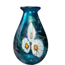 Signed HAT Herb A Thomas Studio Art Glass BLUE Iridescent Daisy VASE 8 In