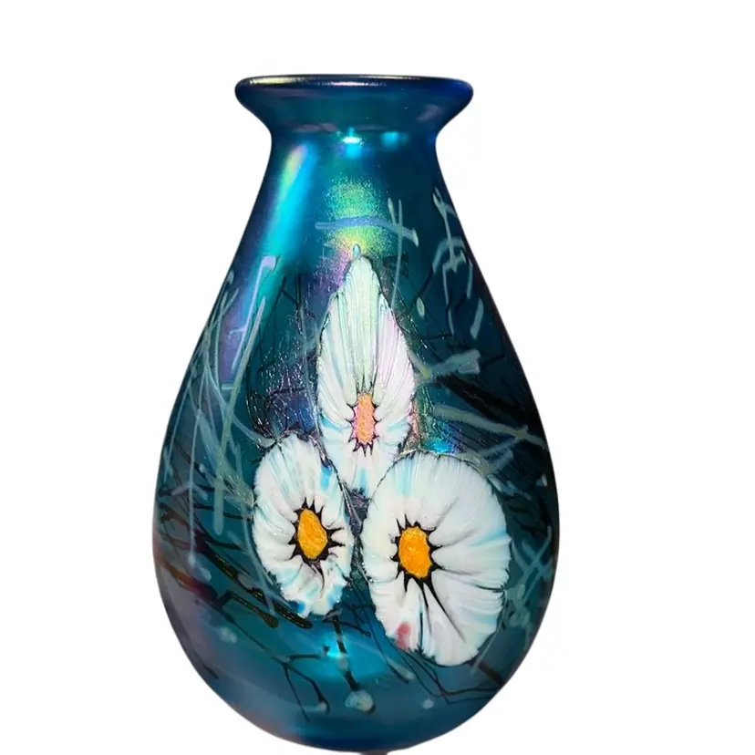 Signed HAT Herb A Thomas Studio Art Glass BLUE Iridescent Daisy VASE 8 In